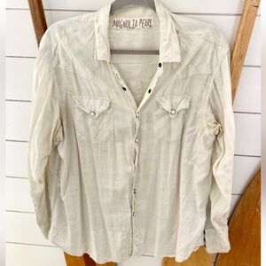 Magnolia Pearl. OS 100% Cotton, Green on White Stripe Button Shirt